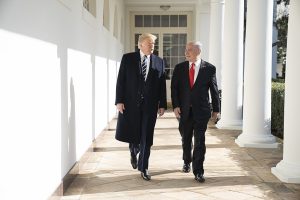 President Donald J. Trump walks with Israeli Prime Minister Benjamin Netanyahu Monday, Jan. 27, 2020, along the Colonnade of the White House. Photo by The White House from Washington, DC – President Trump Meets with Israeli Prime Minister Benjamin Netanyahu, Public Domain, Wikipedia https://commons.wikimedia.org/w/index.php?curid=86370081