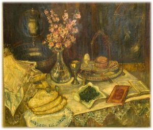 Passover, Mathilde Hahn Meyer, Germany, late 19th or early 20th century, painting on canvas.  By Center for Jewish History, NYC – Flickr/  https://www.flickr.com/photos/center_for_jewish_history/8606526002, No restrictions https://commons.wikimedia.org/w/index.php?curid=41526682