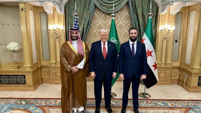 President Donald Trump with Saudi Crown Prince Mohammed Bin Salman and President of Syria Ahmed al-Sharaa.  Photo by White House - Karoline Leavitt in X, Public Domain, https://commons.wikimedia.org/w/index.php?curid=165213251