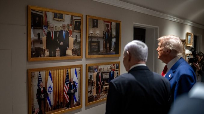 President Donald Trump greets Israeli Prime Minister Benjamin Netanyahu, Monday, April 7, 2025, in the West Wing Lobby of the White House. Photo by The White House - https://www.flickr.com/photos/202101414@N05/54437654628/, Public Domain, https://commons.wikimedia.org/w/index.php?curid=163303599