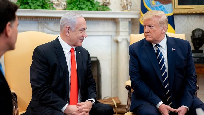 President Donald J. Trump participate in an expanded bilateral meeting with Israeli Prime Minister Benjamin Netanyahu Monday, Jan. 27, 2020, in the Oval Office of the White House. Photo by The White House from Washington, DC - President Trump Meets with Israeli Prime Minister Benjamin Netanyahu, Public Domain, https://commons.wikimedia.org/w/index.php?curid=86370144