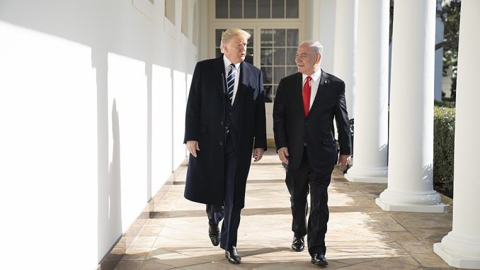 President Donald J. Trump walks with Israeli Prime Minister Benjamin Netanyahu Monday, Jan. 27, 2020, along the Colonnade of the White House.  Photo by The White House from Washington, DC - President Trump Meets with Israeli Prime Minister Benjamin Netanyahu, Public Domain, https://commons.wikimedia.org/w/index.php?curid=86370081