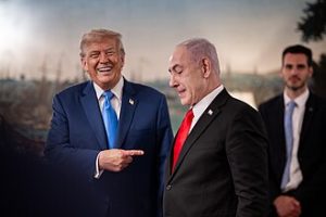 President Donald Trump and Israeli Prime Minister Benjamin Netanyahu speak privately in the Vermeil Room before a dinner, Monday, July 7, 2025, at the White House. Photo by The White House - https://www.flickr.com/photos/202101414@N05/54640976283/, Public Domain, https://commons.wikimedia.org/w/index.php?curid=169447371