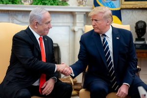 President Donald J. Trump and Vice President Mike Pence participate in an expanded bilateral meeting with Israeli Prime Minister Benjamin Netanyahu Monday, Jan. 27, 2020, in the Oval Office of the White House. (By The White House from Washington, DC - President Trump Meets with Israeli Prime Minister Benjamin Netanyahu, Public Domain, https://commons.wikimedia.org/w/index.php?curid=86370136)
