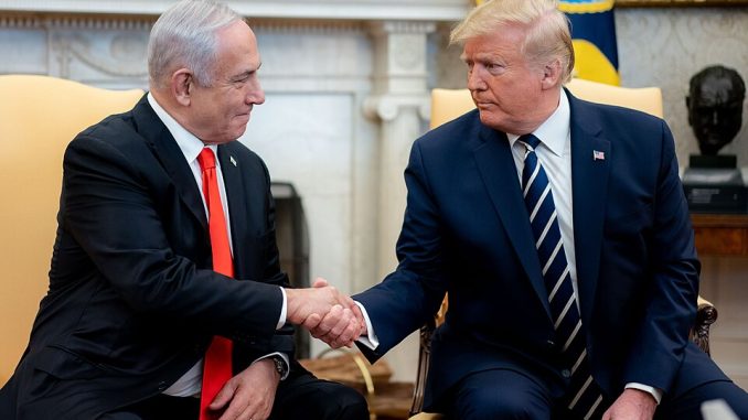 President Donald J. Trump and Vice President Mike Pence participate in an expanded bilateral meeting with Israeli Prime Minister Benjamin Netanyahu Monday, Jan. 27, 2020, in the Oval Office of the White House. (By The White House from Washington, DC - President Trump Meets with Israeli Prime Minister Benjamin Netanyahu, Public Domain, https://commons.wikimedia.org/w/index.php?curid=86370136)