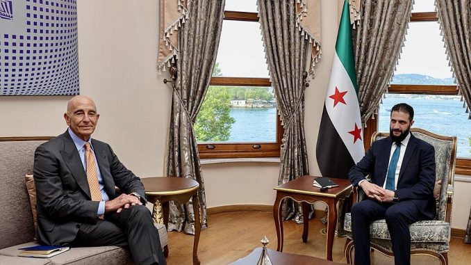 Tom Barrack met with Ahmed al-Sharaa. Photo by Ambassador Tom Barrack - https://x.com/USAMBTurkiye/status/1926319250370605456/photo/1, Public Domain, https://commons.wikimedia.org/w/index.php?curid=166135210