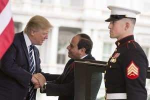 President Donald Trump welcomes Egyptian President Abdel Fattah Al Sisi, Monday, April 3, 2017, at the West Wing entrance of the White House in Washington, D.C. ( Photo by The White House from Washington, DC - Foreign Leader Visits, Public Domain, https://commons.wikimedia.org/w/index.php?curid=59118973)
