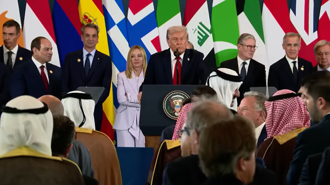 Trump At Egypt Peace Conference. Screengrab via Youtube https://www.youtube.com/watch?v=ESGLSUvdWVw