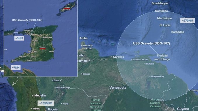 USS Gravely‘s (DDG-107) and embarked U.S. Marines’ proximity to Venezuela while in Trinidad and Tobago for the Oct 2025 port visit. Trinidad’s distance from Venezuela is about 3 nautical miles at the narrowest (see map inset). The two narrow straits hem in Venezuela’s Gulf of Paria, west of Trinidad. The U.S. units are in Port of Spain, as indicated. The range rings for Gravely show (a) the minimum reach of the Maritime Strike Tomahawk anti-ship missile in the Block Va (“five a”) variant, at about 270NM; and (b) the maximum reach of the Tomahawk Land Attack Missile at about 1350NM. Gravely‘s exact loadout is not reported; since she’s a Flight IIA hull I imagine she has the most modernized Block Va package. Click image to enlarge for legibility. Google map; author annotation.