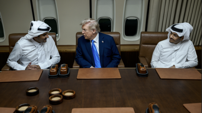 President Donald Trump meets with Qatar’s Emir Sheikh Tamim bin Hamad Al-Thani and Prime Minister and Foreign Minister Sheikh Mohammed bin Abdulrahman bin Jassim Al-Thani aboard Air Force One during a refueling stop in Doha, Qatar, enroute to the ASEAN summit in Malaysia, October 25, 2025. Photo by The White House - https://www.flickr.com/photos/202101414@N05/54883725328/, Public Domain, https://commons.wikimedia.org/w/index.php?curid=177455018