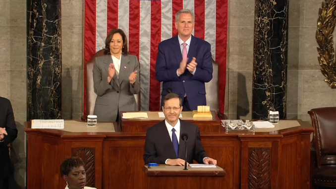 On November 10, 2025, Israel's President Isaac Herzog unapologetically stated that Zionism is "the national liberation movement of the Jewish people; a return to an indigenous homeland after millennia of persecution." Pictured: Herzog addresses a Joint Meeting of Congress in the House Chamber of the US Capitol in Washington, DC, on July 19, 2023. Screengrab via Youtube https://www.youtube.com/watch?v=vNgva778ID0