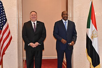 1 ? 1
More details
Secretary of State Michael R. Pompeo meets with Sudanese Sovereign Council Chair General Abdel Fattah el-Burhan, in Khartoum, Sudan, on August 25, 2020. Photo by U.S. Department of State from United States - Secretary Pompeo Meets with Sudanese Sovereign Council Chair General Fattah el-Burhan, Public Domain, https://commons.wikimedia.org/w/index.php?curid=93527724