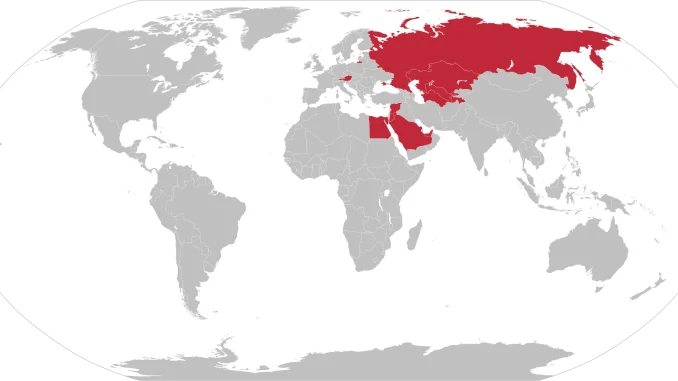 A map of countries that ban the Muslim Brotherhood, as of Aug. 6, 2021. Credit: BlankMap-World.svg via Wikimedia Commons.