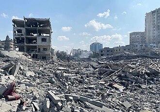 Damage following an Israeli airstrike on the El-Remal area in Gaza City on October 9, 2023.  By WAFA (Q2915969) in contract with a local company (APAimages) - Correspondence with Wiki Palestine (Q117834684), Public Domain, https://commons.wikimedia.org/w/index.php?curid=138775621