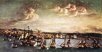  First Barbary War, Bombardment of Tripoli, August 3, 1804. US Squadron led by Commodore Edward Preble in the flagship USS Constitution, right, successfully shelling forts of the Barbary pirates at close range. During this action, Captain Stephen Decatur led a board party which captured three pirate craft. Photomechanical print on the artwork by Michele Felice Corne. Courtesy of the Library of Congress. This illustration was in Life Magazine, October 28, 1940. (5/8/2015). National Museum of the U.S. Navy.  Photo by Michele Felice Cornè - LC-USZC4-6409; https://www.loc.gov/pictures/item/99400808/, Public Domain, https://commons.wikimedia.org/w/index.php?curid=70740494