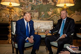 President Donald Trump meets with Turkish President Recep Tayyip Erdogan after a dinner with NATO Summit leaders at the Huis ten Bosch Palace in The Hague, Netherlands, Tuesday, June 24, 2025. (By The White House - https://www.flickr.com/photos/202101414@N05/54616142376/, Public Domain, https://commons.wikimedia.org/w/index.php?curid=168602633)