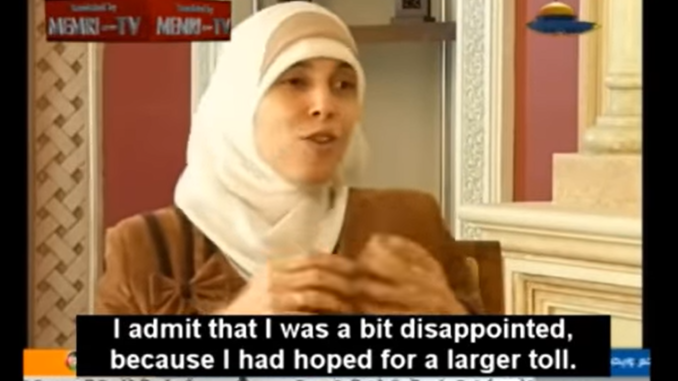  Released Hamas Terrorist Ahlam Tamimi on Palestinian Public's Delight at Suicide Bombings.  Memri TV.  Screengrab via Youtube.   https://www.youtube.com/watch?v=uH1CS9PGI4Q