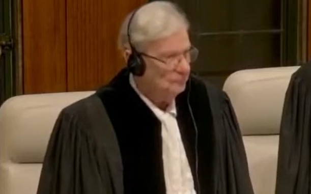 Aharon Barak as guest judge in South Africa v. Israel (Genocide Convention) at the Peace Palace in the Hague, 11 January 2024.  Screengrab via Youtube