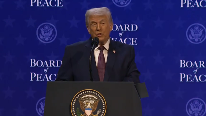 Trump Speaks at Board of Peace Initiation.  Screengrab via Youtube   https://www.youtube.com/watch?v=FWmK9uaO8VQ