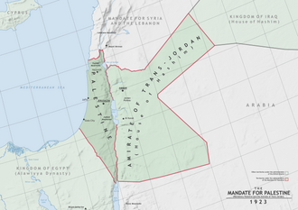 Map showcasing the Mandate for Palestine (Mandatory Palestine and the Emirate of Transjordan) in 1923. Photo by Shuaaa2 - Own work, CC BY 4.0, https://commons.wikimedia.org/w/index.php?curid=153671395