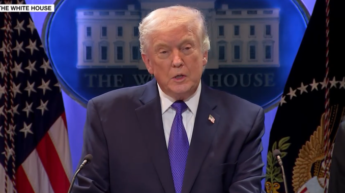 Pres. Trump gives press conference following announcement of SCOTUS ruling against his use of tariffs. Screengrab via Youtube. https://www.youtube.com/watch?v=SLU-8jMAoNI