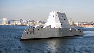 The guided-missile destroyer USS Zumwalt (DDG 1000) arrives at its new homeport in San Diego. Zumwalt, the Navy's most technologically advanced surface ship, will now begin installation of combat systems, testing and evaluation and operation integration with the fleet. Photo by Official U.S. Navy Page from United States of AmericaPetty Officer 3rd Class Emiline/U.S. Navy - USS Zumwalt (DDG 1000) arrives at its new homeport in San Diego., Public Domain, https://commons.wikimedia.org/w/index.php?curid=54028151