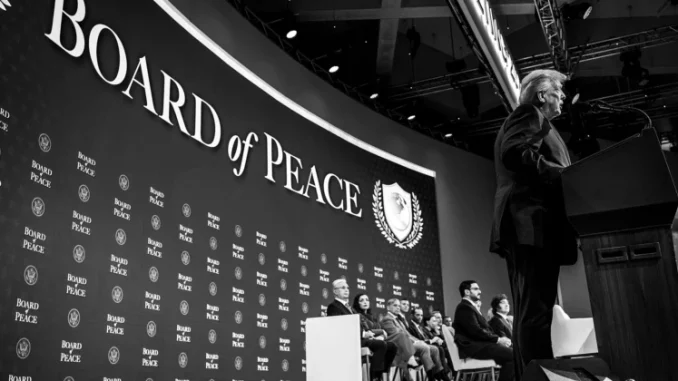 Trump speaks at the Board of Peace.  Source: Wikipedia Commons