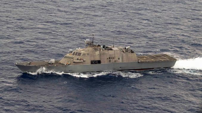 The Freedom-class littoral combat ship Detroit sails through the Caribbean Sea. Detroit suffered a casualty to its propulsion system and is returning to port in Florida for repairs. (MC2 Anderson Branch/U.S. Navy)