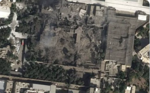 Blast site where Khamenei and dozens of the Iranian leadership were eliminated. Screengrab via X