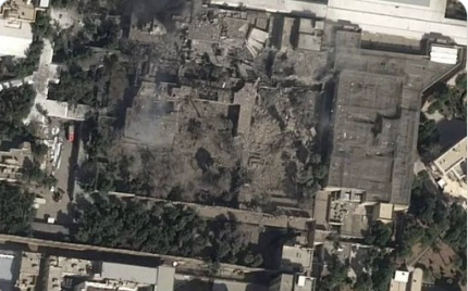 Blast site where Khamenei and dozens of the Iranian leadership were eliminated.  Screengrab via X