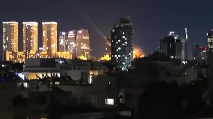 Iranian missile strikes Tel Aviv. Feb 28, 2026.  Screengrab via Youtube.  https://www.youtube.com/watch?v=f7-ZVauuPh0