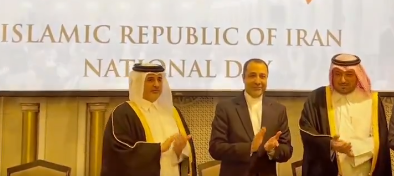 Iran's Ambassador to Qatar Ali Saleh Abadi (center) with Qatari Foreign Ministry official Ibrahim Yousef Fakhro (right) and Qatari Minister of Environment and Climate Change Abdullah Al-Subaie. Screengrab via X.com/IRANinQATAR, February 5, 2026