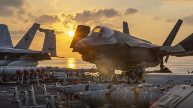 An F-35C Lightning II, attached to Marine Fighter Attack Squadron (VMFA) 314, is staged for flight operations on the flight deck of Nimitz-class aircraft carrier USS Abraham Lincoln (CVN 72) in support of Operation Epic Fury, March 3, 2026. (Photo: US Navy)