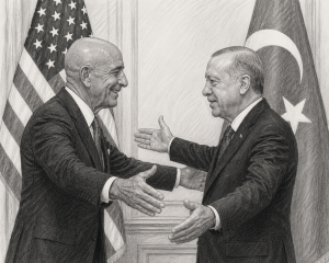 Ambassador Tom Barrack and President Recep Erdogan. Image via AI