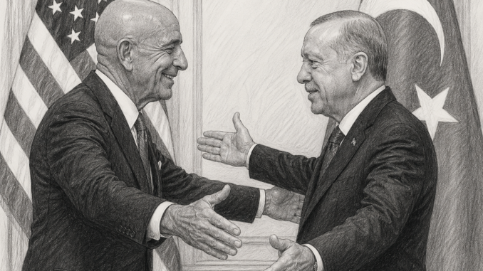 Ambassador Tom Barrack and President Recep Erdogan. Image via AI