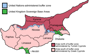 Map of the districts of Cyprus, named in English, with English annotations, and showing the Turkish Republic of Northern Cyprus, United Kingdom Sovereign Base Areas, and United Nations buffer zone.  Photo by Golbez - Own work (traced from public domain UN or CIA maps.), CC BY-SA 3.0, https://commons.wikimedia.org/w/index.php?curid=202911