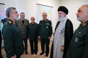 Iran's then Supreme Leader, the late Ayatollah Ali Khamenei, prepares to award a medal to the late General Amir Ali Hajizadeh (L), then commander of the Aerospace Force of the Islamic Revolutionary Guard Corps (IRGC), in the presence of the senior IRGC leadership, in Tehran on October 6, 2024. (Image source: Office of the Iranian Supreme Leader)