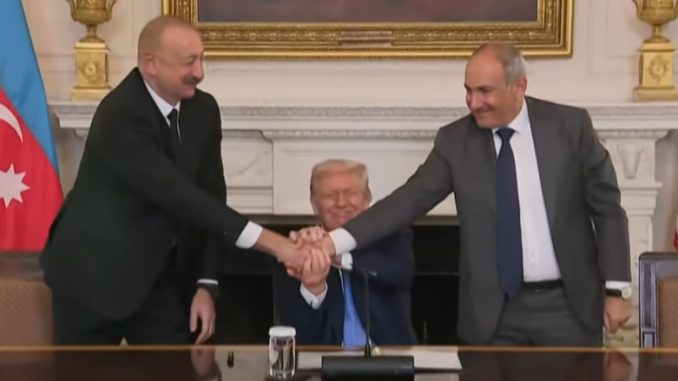 The TRIPP treaty, officially known as the Agreement "On the Establishment of Peace and Interstate Relations between the Republic of Armenia and the Republic of Azerbaijan," was signed by Armenia PM Nikol Pashinyan, Azerbaijani President Ilham Aliyev, and US President Donald Trump on August 8, 2025.  Screengrab via Youtube.