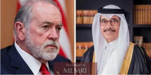 Left: Ambassador Mike Huckabee (alquds.co.uk); right: Minister Hamad Al-Kawari (qnl.qa).  Image via MEMRI.org