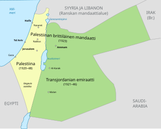 The British mandate of Palestine in 1923 before the eastern part was removed as the Emirate of Transjordan.  Photo by Smaug the Golden - This file was derived from: PalestineAndTransjordan-pt.svg:, CC BY-SA 4.0, https://commons.wikimedia.org/w/index.php?curid=139300662