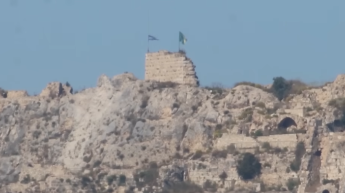 The flag of Israel flies on Beaufort Castle after its capture. Screengrab via Youtube
