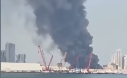 Blaze following successful Iranian attack on US Fifth Fleet naval base in Bahrain in March 2026.  Screengrab via Youtube