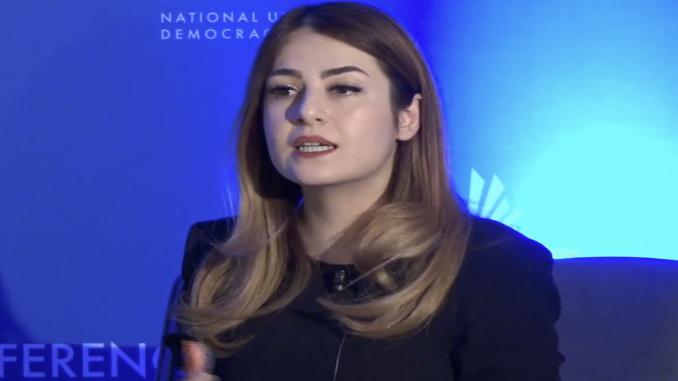 Tina Ghazimorad at the 2022 National Union for Democracy in Iran.  Screengrab via Youtube