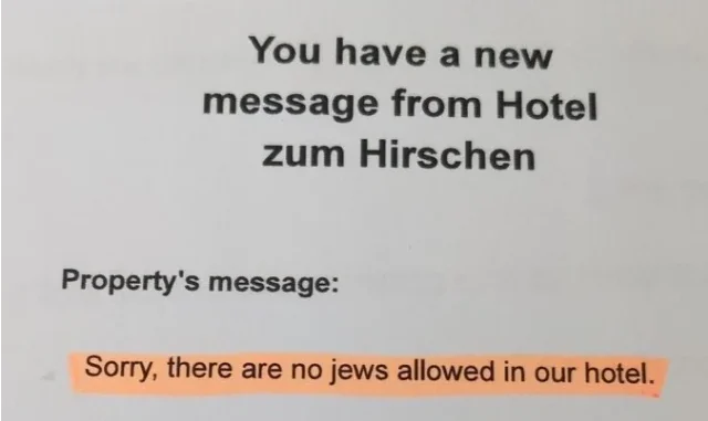 Antisemitic message sent to Israeli family by German hotel, as shared on X by Israeli Consul General for southern Germany, Talya Lador-Fresher. 