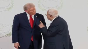 US President Donald Trump (left) meets with Palestinian Authority President Mahmoud Abbas during a summit to support ending the two-year Israel-Hamas war in Gaza, Oct. 13, 2025, in Sharm El Sheikh, Egypt. (YouTube screenshot)