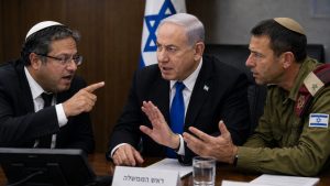 Left to Right: National Security Minister Itamar Ben-Gvir, PM Benjamin Netanyahu, Maj. Gen. Avi Bluth. Image via AI