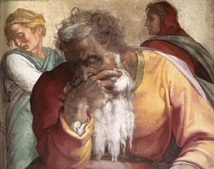Michelangelo, profeti, Jeremiah. Photo by Michelangelo - Web Gallery of Art:   Image  Info about artwork, Public Domain, https://commons.wikimedia.org/w/index.php?curid=11422428