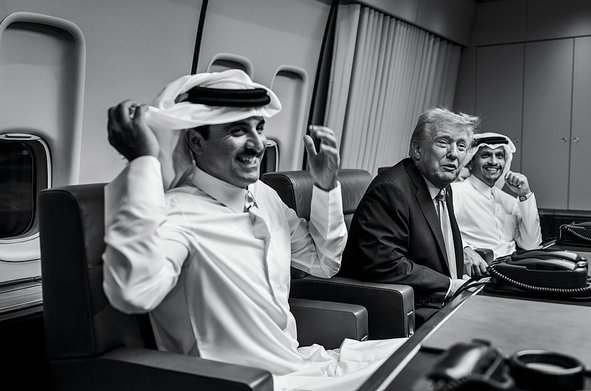 President Donald Trump meets with Qatar’s Emir Sheikh Tamim bin Hamad Al-Thani and Prime Minister and Foreign Minister Sheikh Mohammed bin Abdulrahman bin Jassim Al-Thani aboard Air Force One. Photo by The White House - https://www.flickr.com/photos/202101414@N05/54882635052/, Public Domain, https://commons.wikimedia.org/w/index.php?curid=177455026