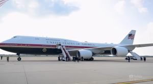 Trump's New "Air Force One" First Flight – VC-25B Bridge (Boeing 747-8 Jet Qatar Gifted).  Screengrab via Youtube
