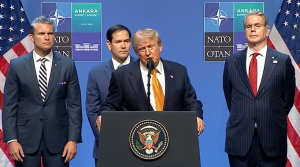 Pres. Trump, Sec. of State Rubio, Sec. of Treasury Bessent, and Sec. of War Hegseth during a press conference at Ankara, Turkey.  Screengrab via Youtube